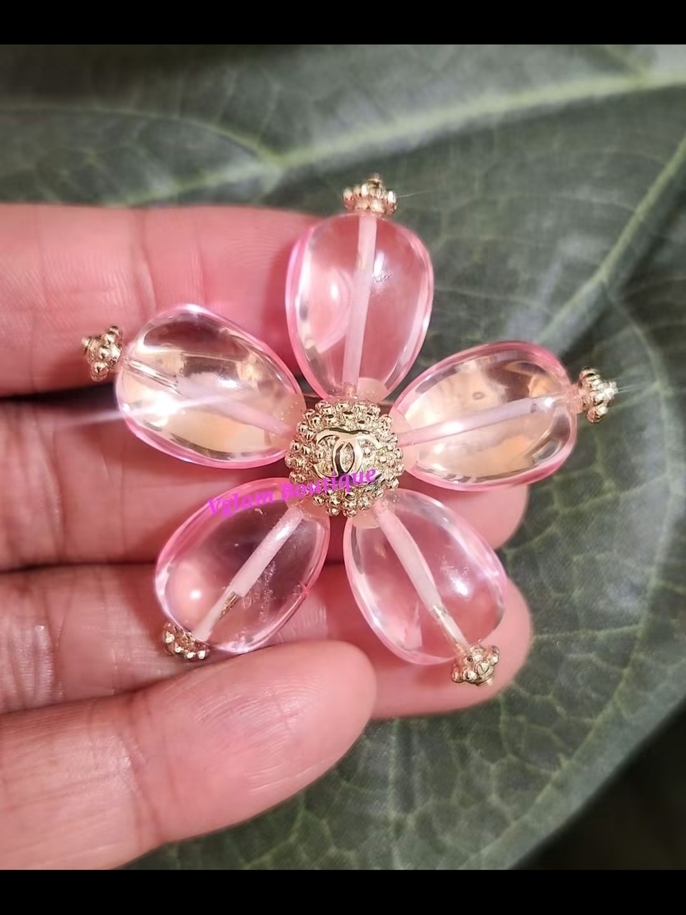 Pink Floral Crystal Petal Brooch with Gold Accents